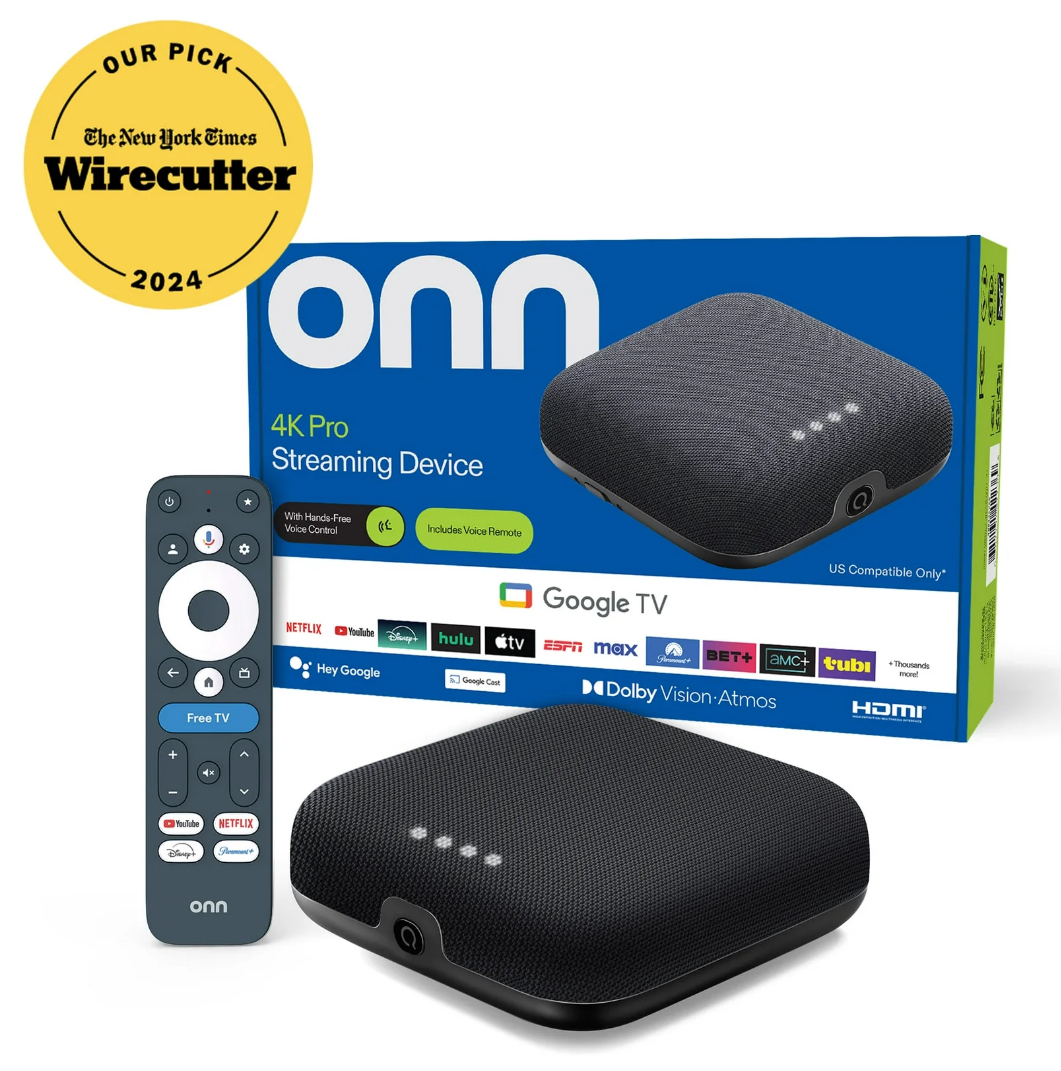 onn 4K Pro Android TV Box, Google TV - 4K UHD, 32GB Storage, 3GB RAM, Dolby Vision & Atmos, Find My Remote w/ Backlight, Ethernet - Plug and Play, ready to go – 1 month live tv service included and IMPlayer app & code also included.